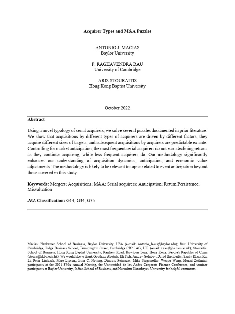 Paper_ Acquirer Types and M&A puzzles | PDF | Mergers And Acquisitions ...