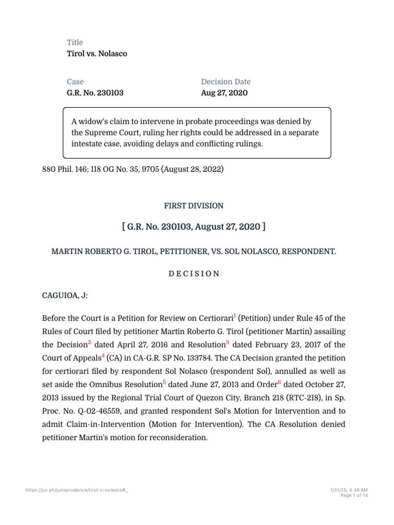 G.R. No. 230103 - Tirol vs. Nolasco | PDF | Intestacy | Probate