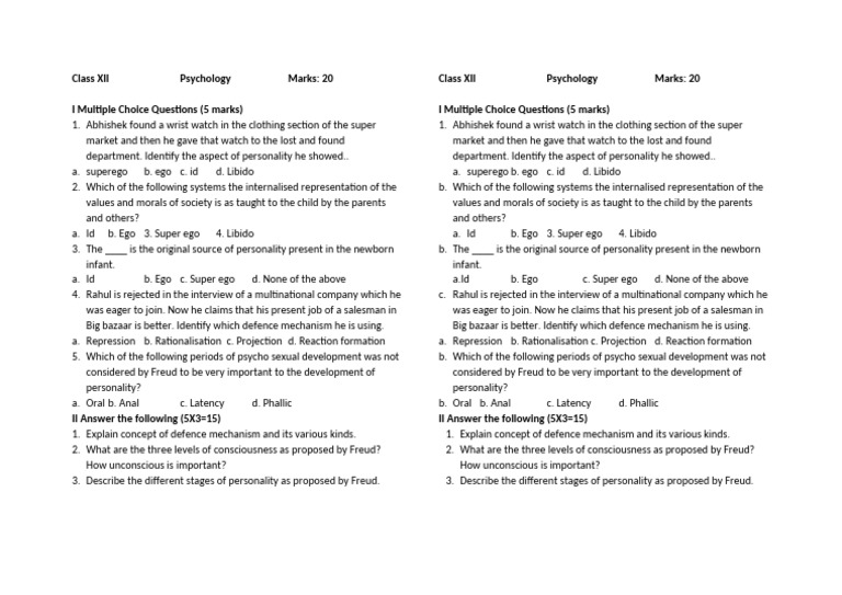 Freud's Personality Concepts Test | PDF | Sigmund Freud | Psychological ...