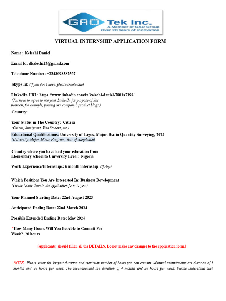 Virtual Internship Application Form | PDF
