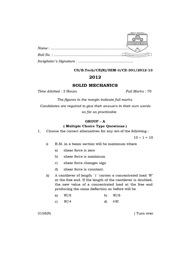 Solid Mechanics Exam Paper 2012-13 | PDF | Bending | Stress (Mechanics)