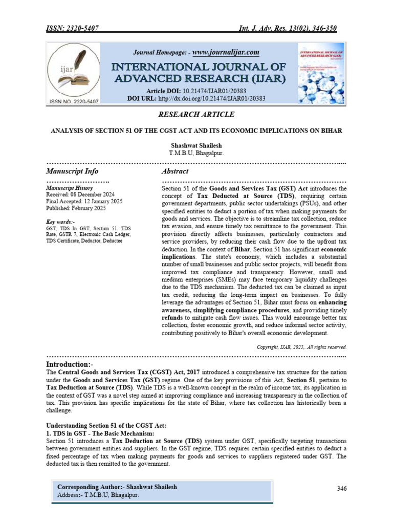 Analysis of Section 51 of The CGST Act and Its Economic Implications On ...