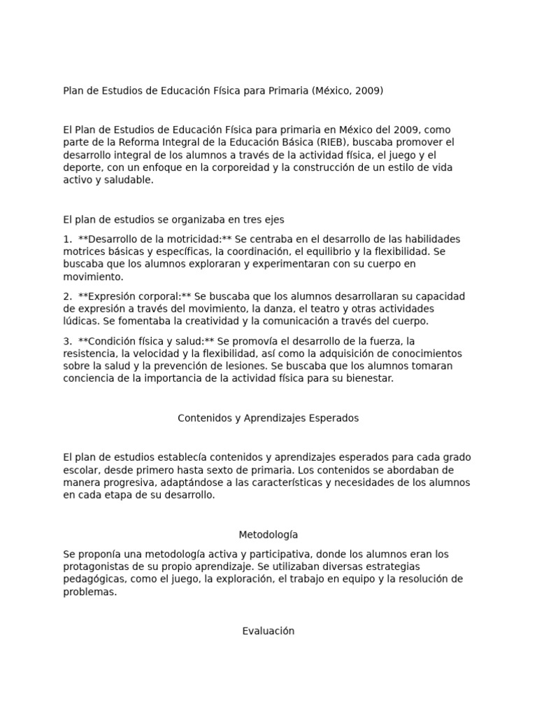 Plan de Estudios Educación Física Primaria 2009 | PDF | Plan de ...