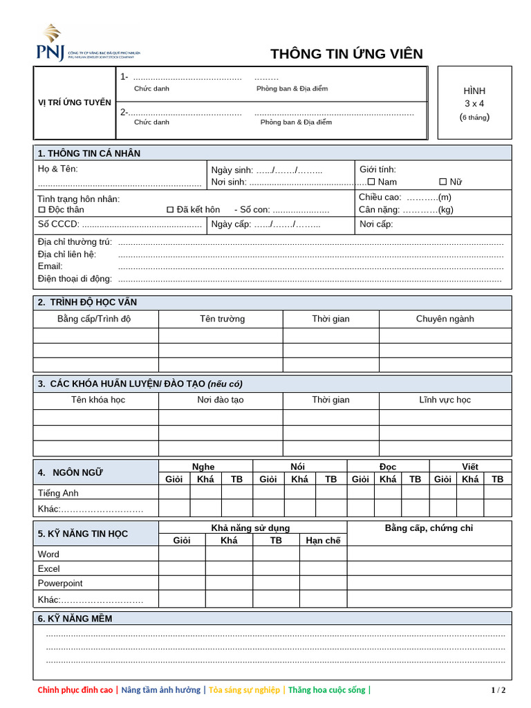 2024 Phieu Thong Tin Ung Vien | PDF