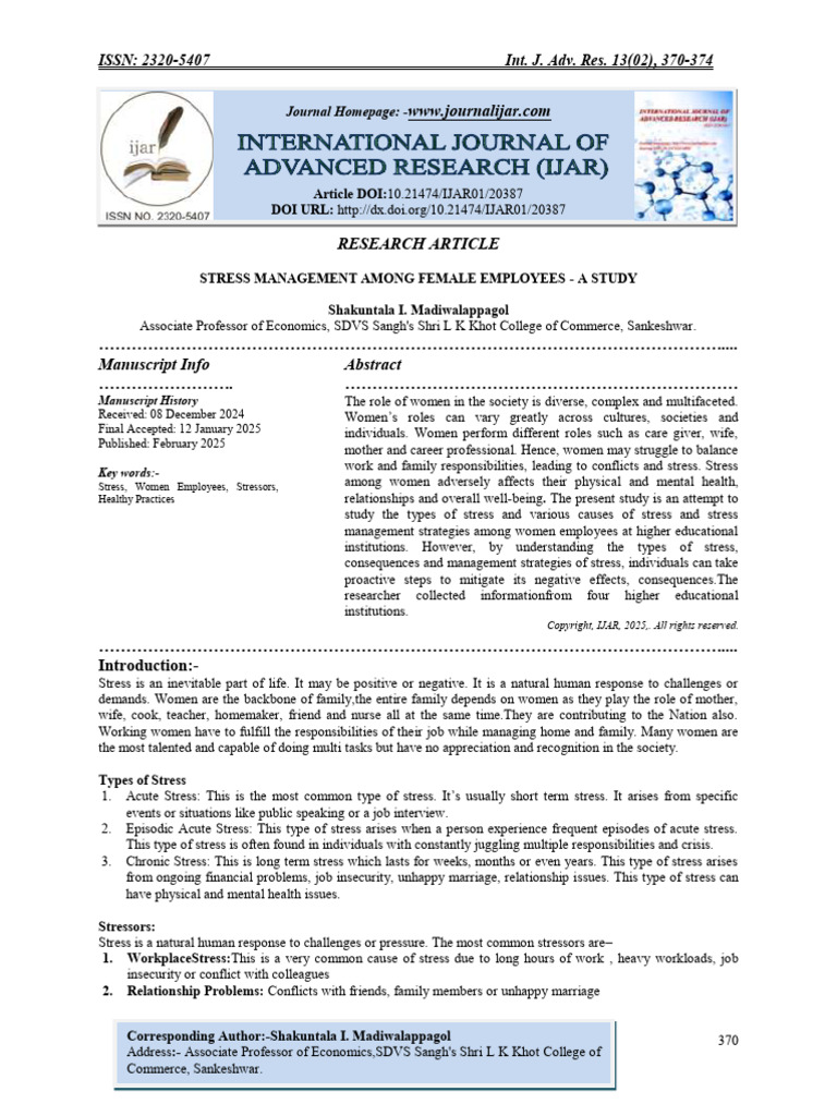 Stress Management Among Female Employees - A Study | PDF | Stress ...
