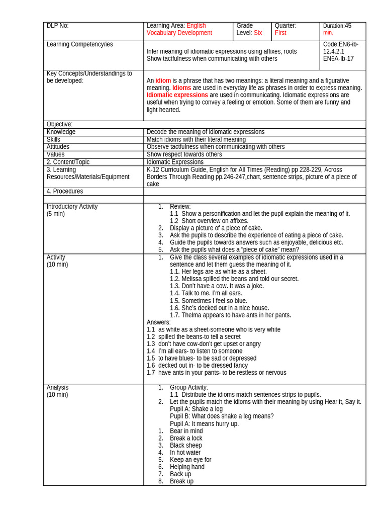 Idiomatic Expressions for Grade Six | PDF | Idiom | Learning