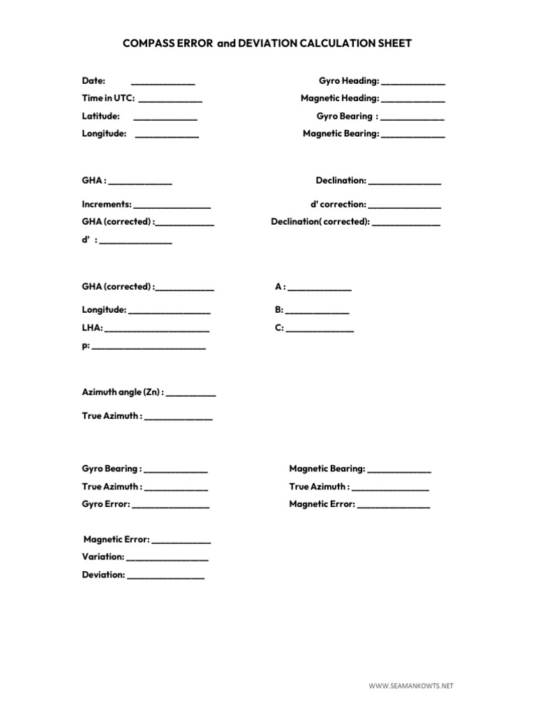 Compass Error and Deviation Sheet | PDF