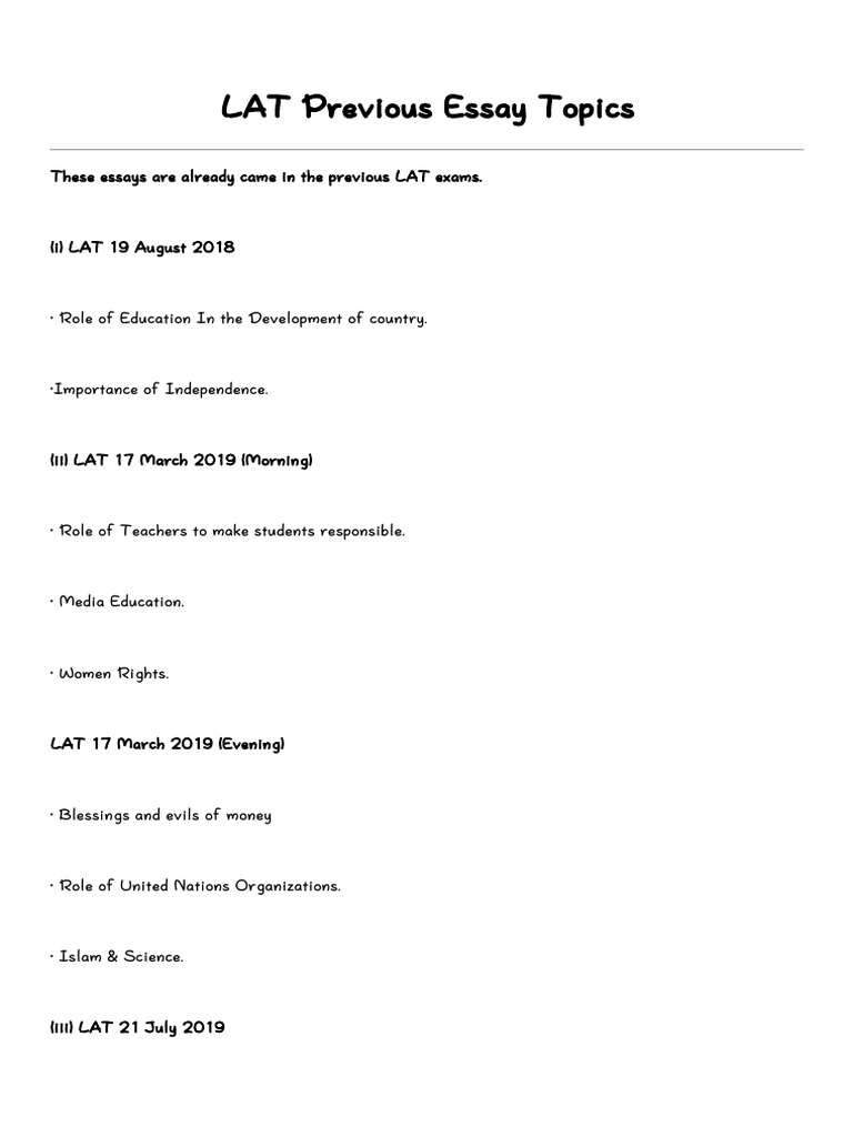LAT Exam Essay Topics Overview | PDF | Learning