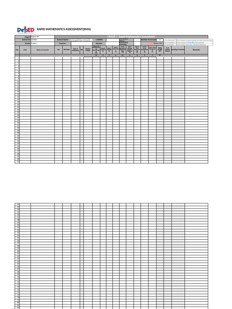 Grade 1 Rapid Math Assessment Scoresheet | PDF | Learning