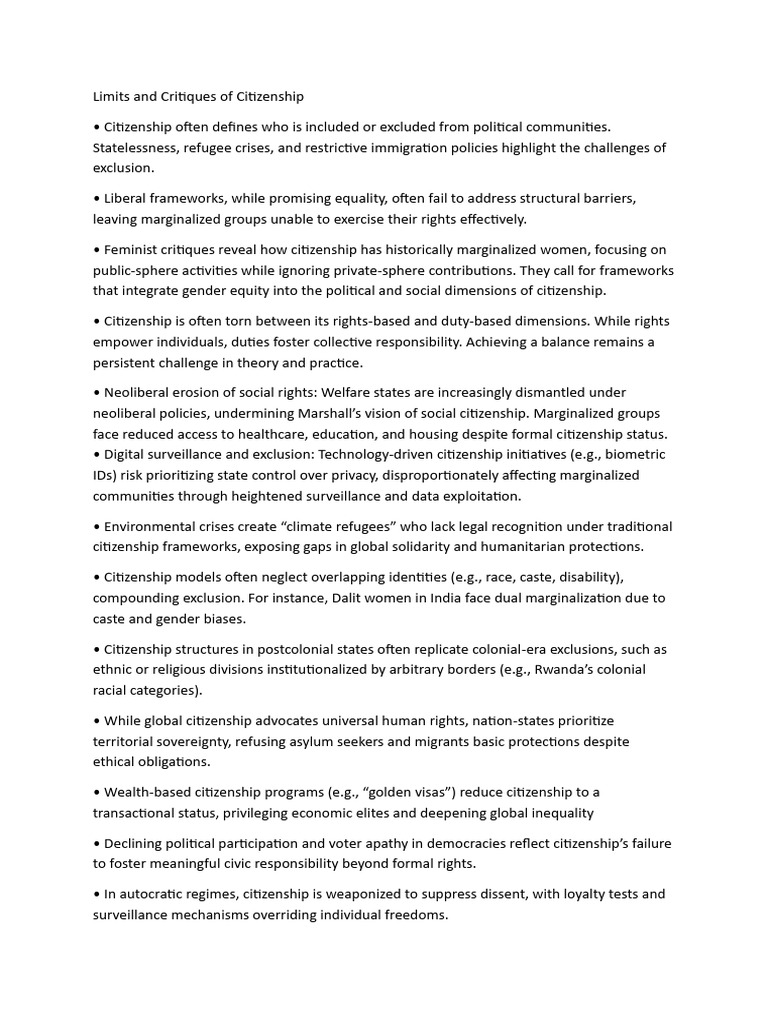 Challenges and Critiques of Citizenship | PDF | Social Exclusion ...