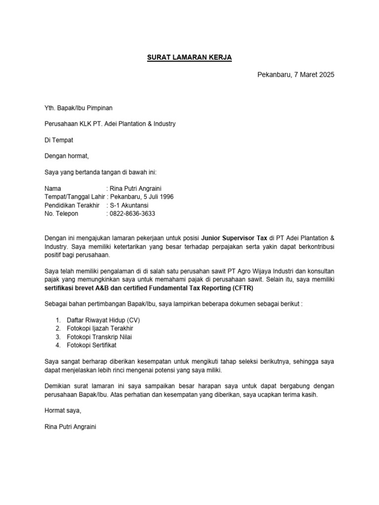 lamaran PT Adei Plantation | PDF