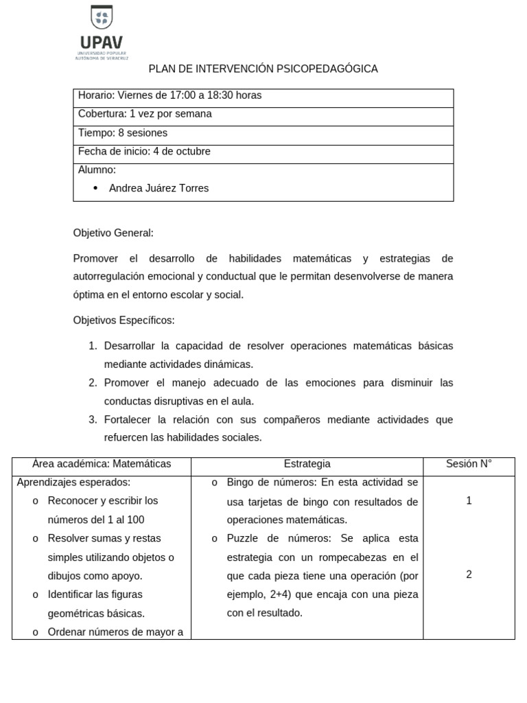 Plan de Intervención Psicopedagógica | PDF | Las emociones | Cognición