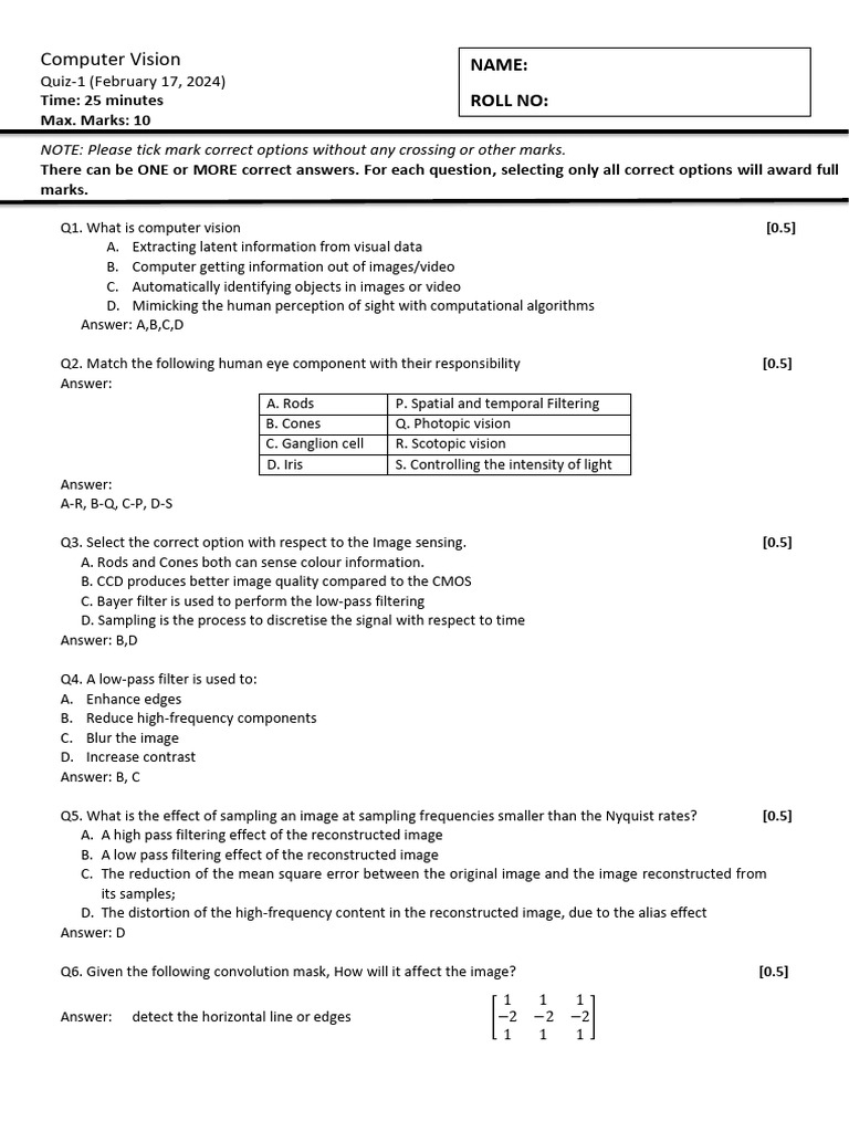 CV Quiz-1 With Solutions | PDF | Signal Processing | Image Processing