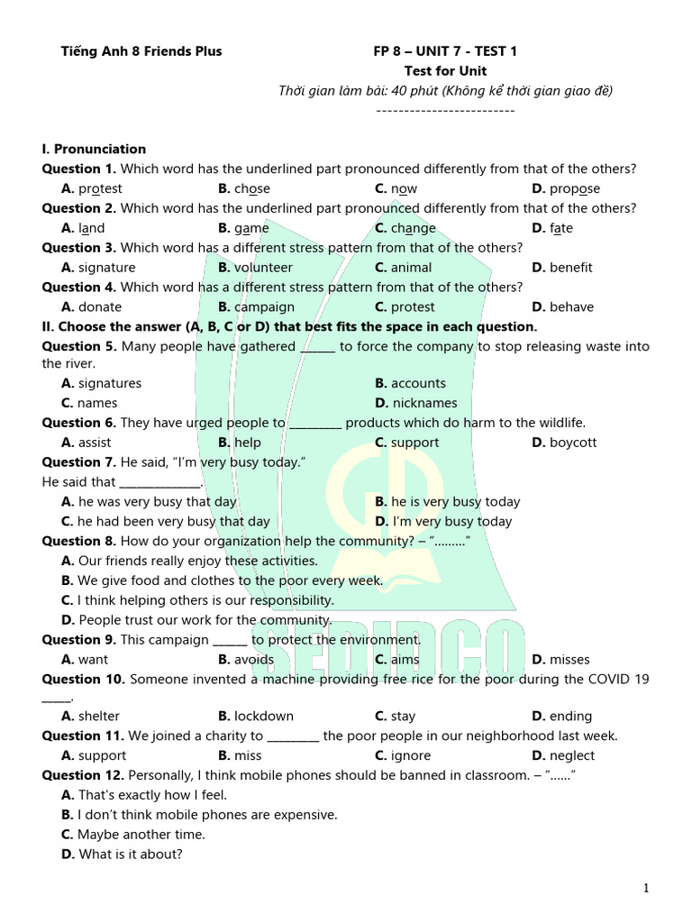 Unit 7 Test for English 8 Students | PDF | Climate Change | Deforestation