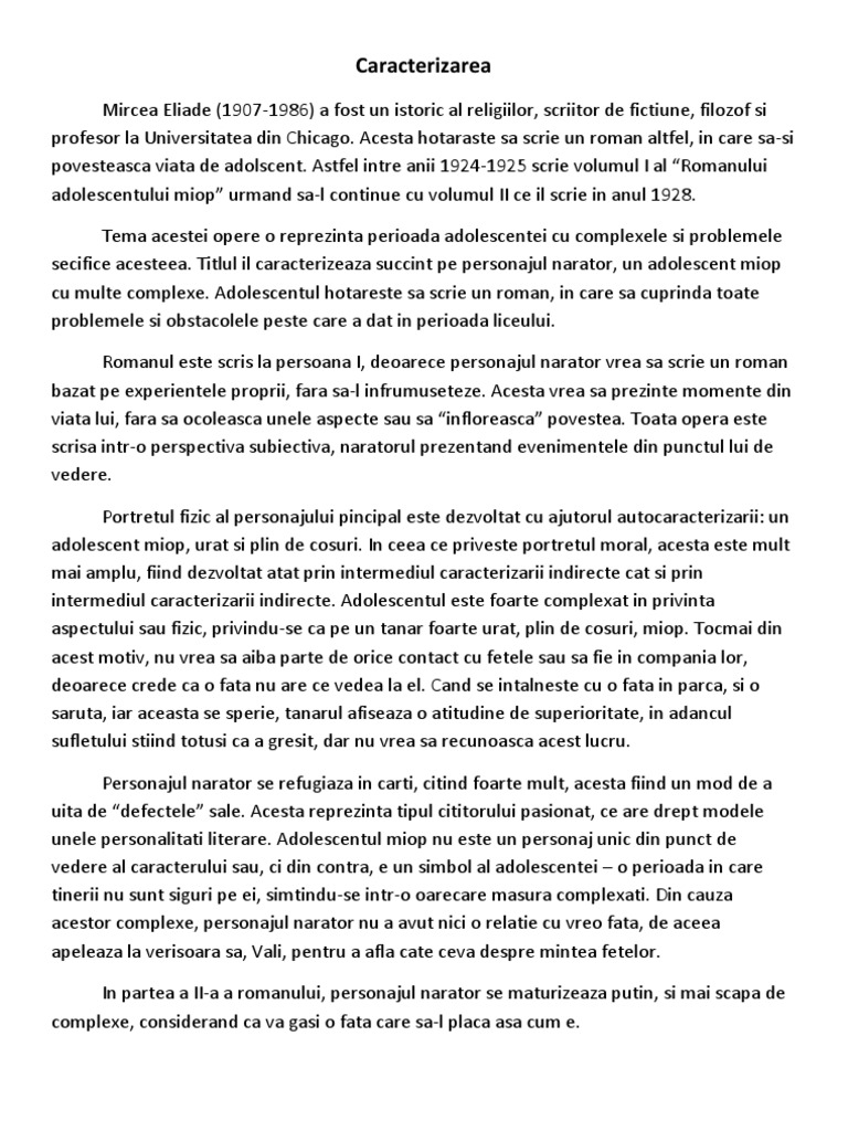 Caracterizarea Pers Principal Din Romanul Adolescentului Miop