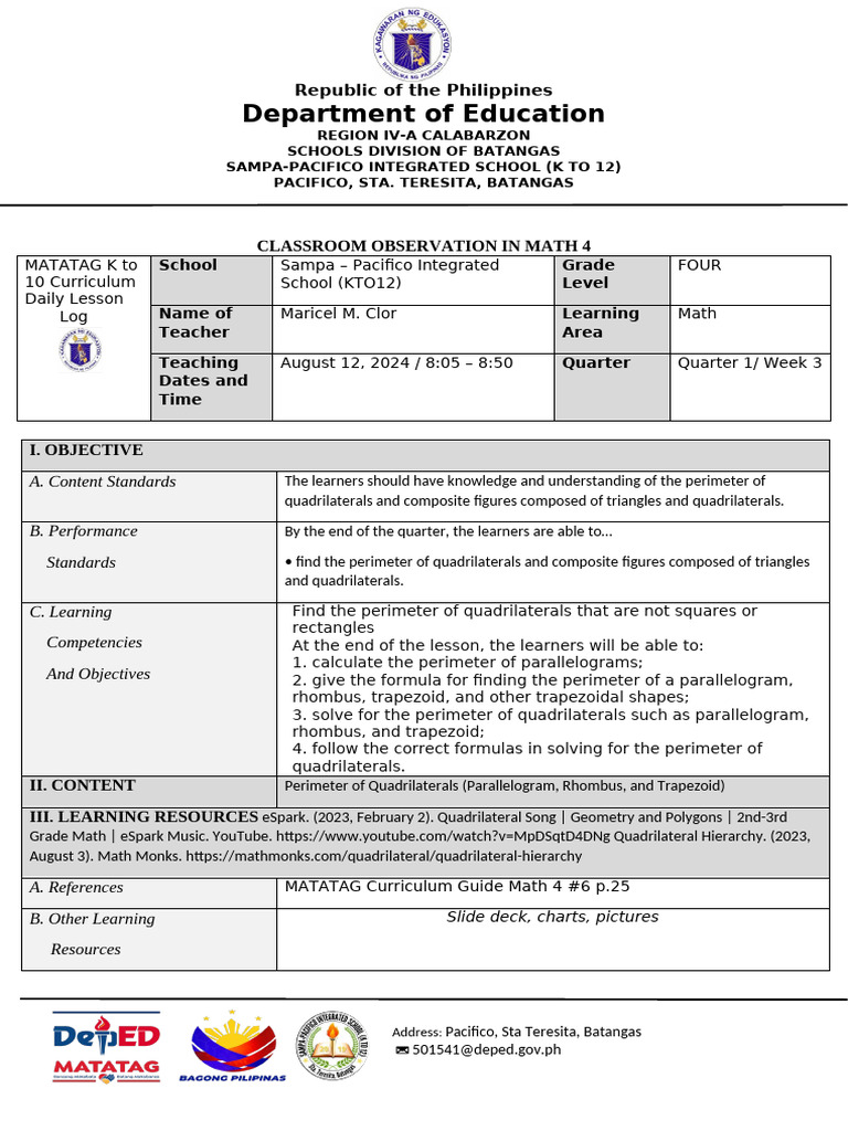 Cot Math Aug.12,2024 | PDF | Rectangle | Geometric Shapes