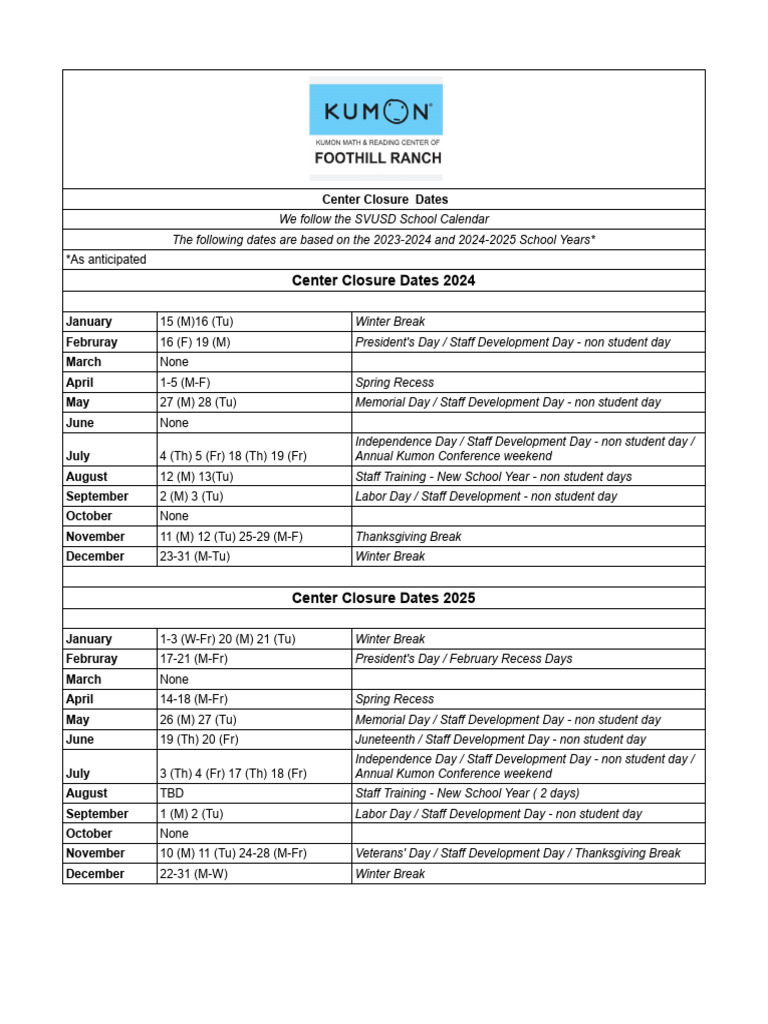 2024-2025 Center Closure Dates | PDF