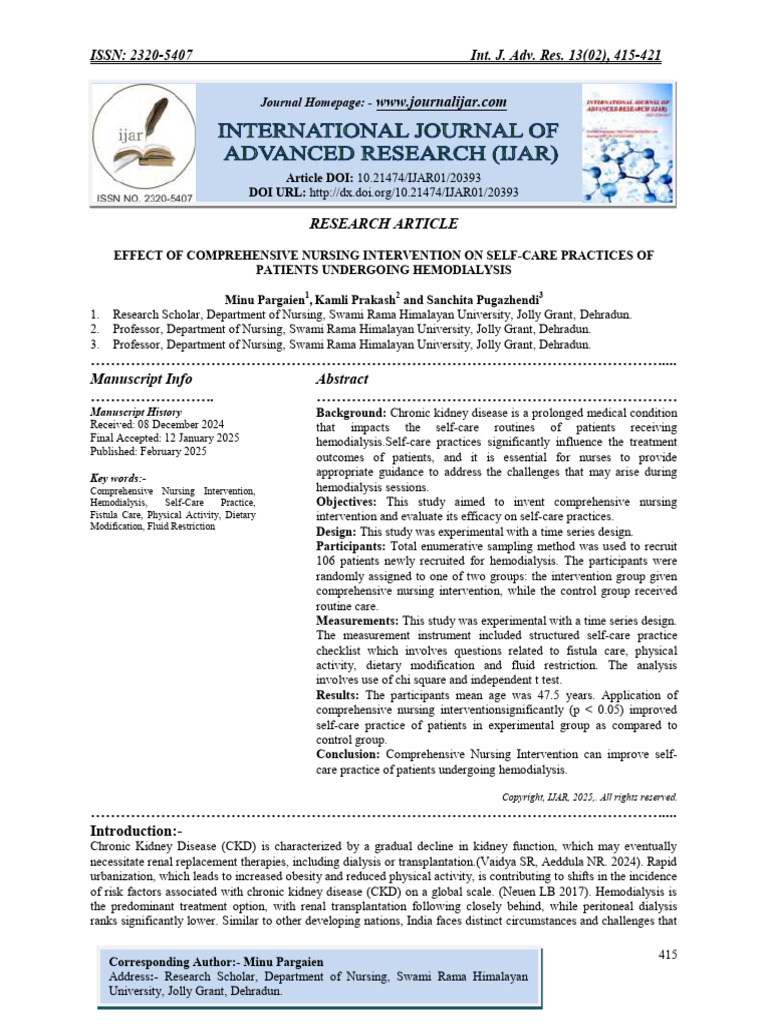 Effect of Comprehensive Nursing Intervention On Self-Care Practices of ...