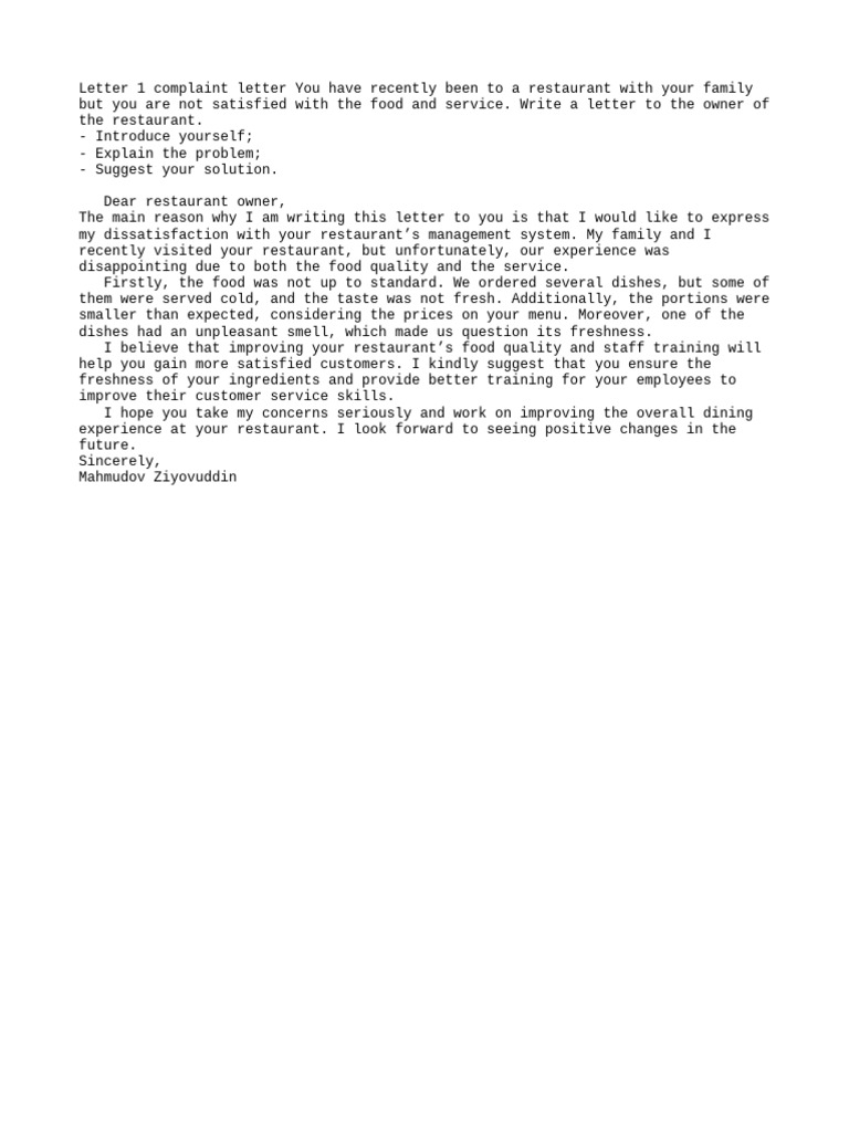 Restaurant Complaint Letter Template | PDF