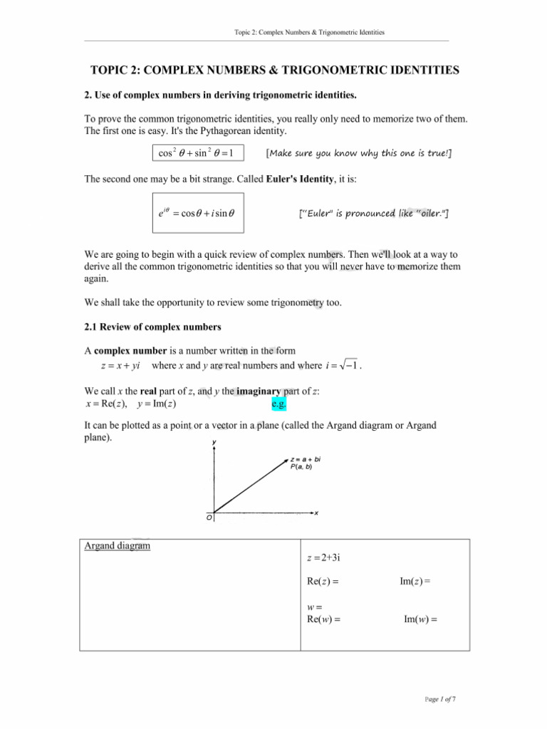 CMA6114 Topic 2 ComplexNum+TrigIdentities | PDF