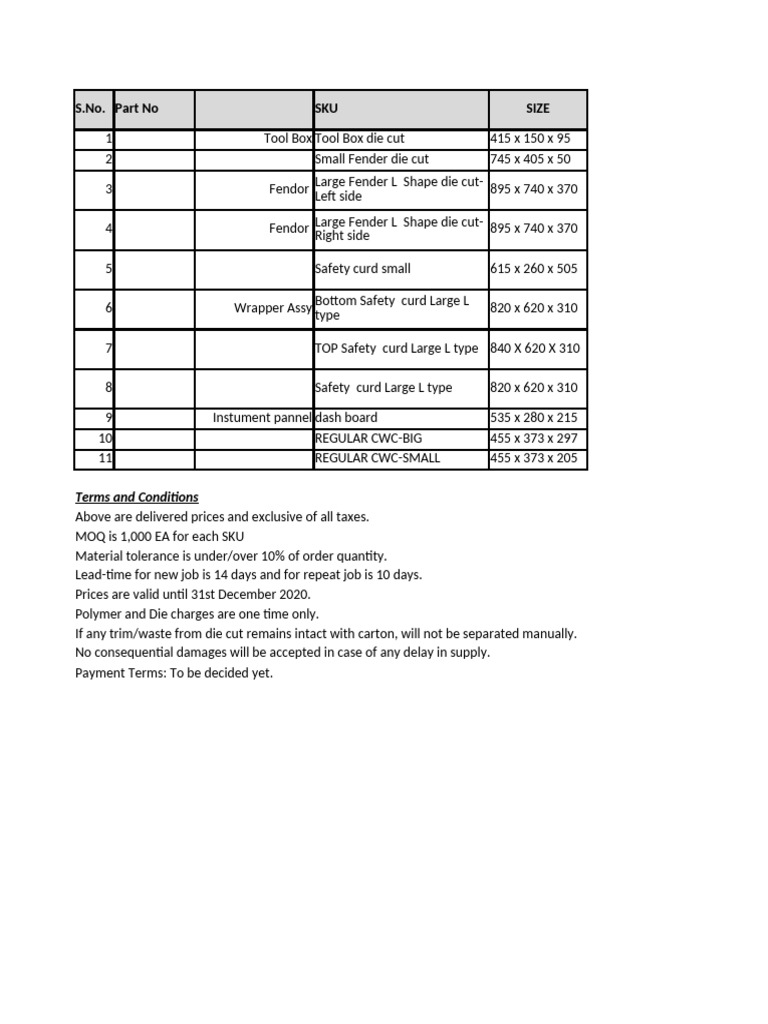 Sheet Metal Parts Quotation Template | PDF