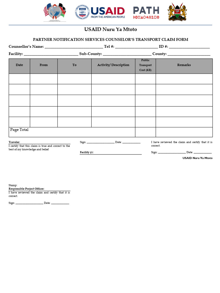 USAID Nuru Ya Mtoto Transport Claim Form | PDF