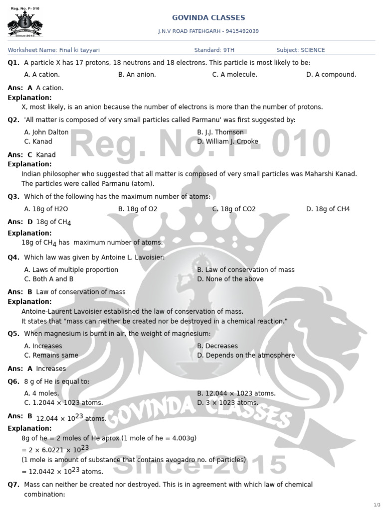 9th Grade Science Final Worksheet | PDF | Mole (Unit) | Atoms