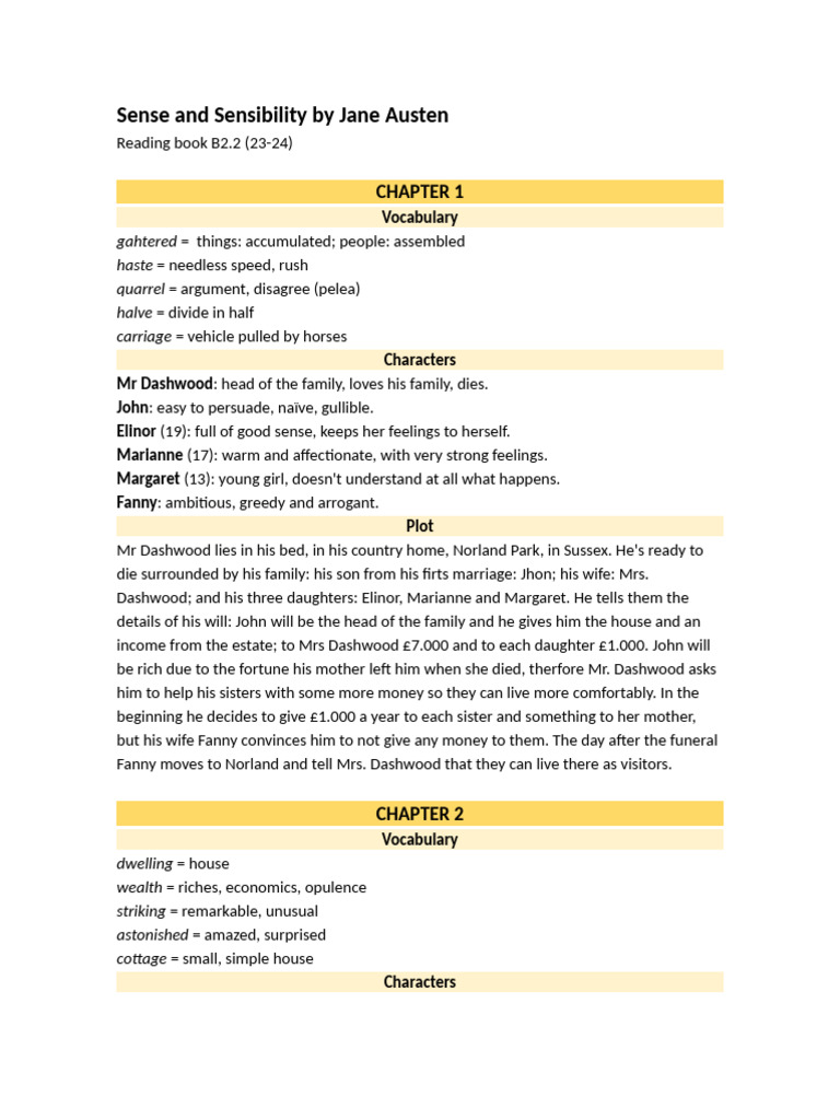 A document page detailing a summary of Sense and Sensibility chapters