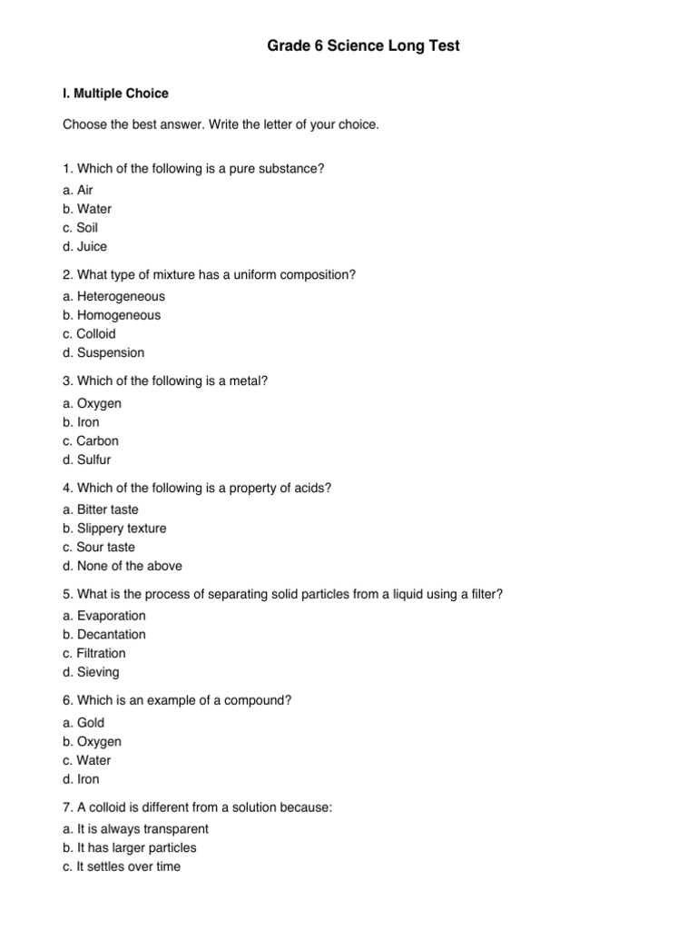 Grade 6 Science Test: Mixtures & Compounds | PDF | Mixture | Chemical ...