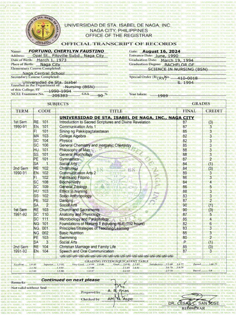 Official OF: Transcript Ri) Cords | PDF