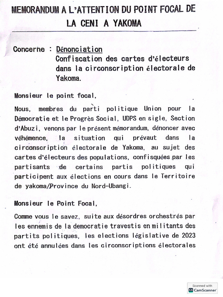 Mémo Udps Élection Yakoma | PDF