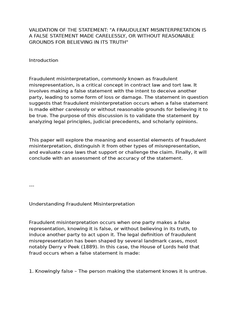 fraudulent misinterpretation law assignment^ | PDF | Misrepresentation ...