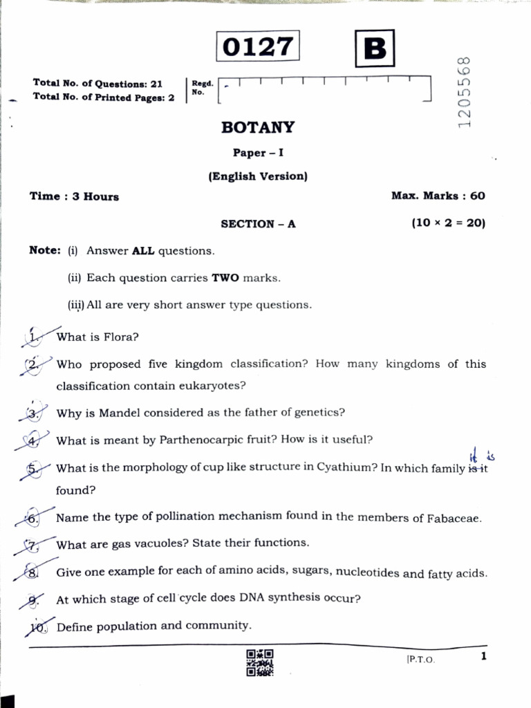 2025 Botany 1st Year Question Paper | PDF | Reproduction | Cell (Biology)