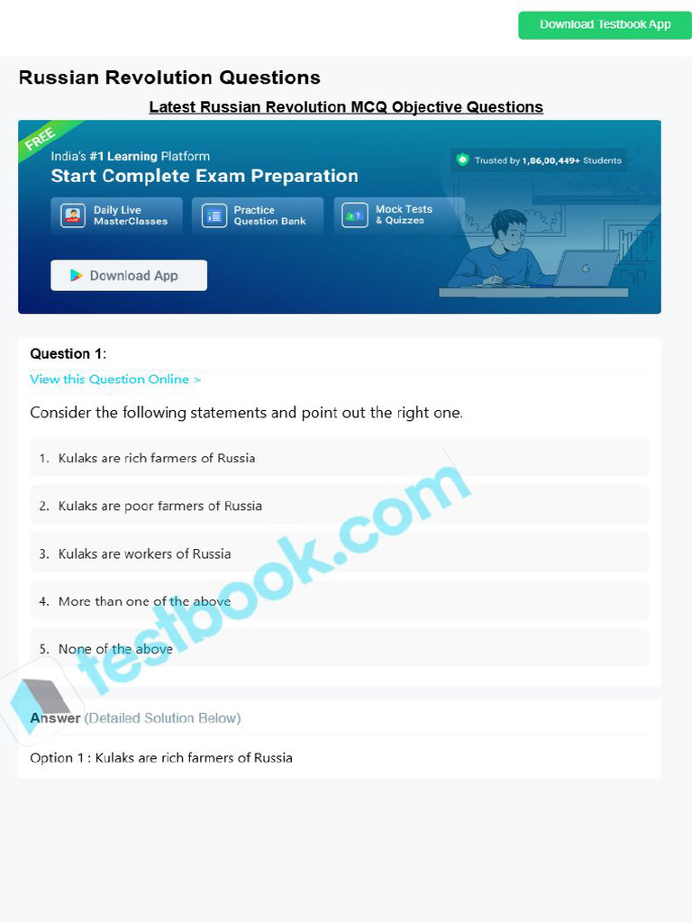 MCQ On Russian Revolution 5eea6a1239140f30f369ec36 | PDF
