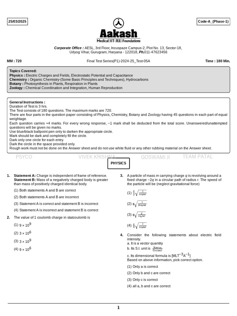 Final Test Series 2024-25: Physics & Chemistry | PDF | Capacitance ...