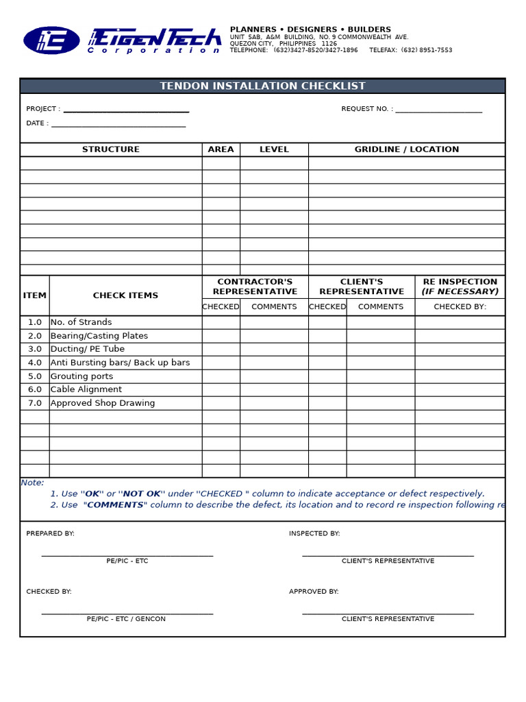 Tendon Installation Checklist Guide | PDF | Prestressed Concrete ...