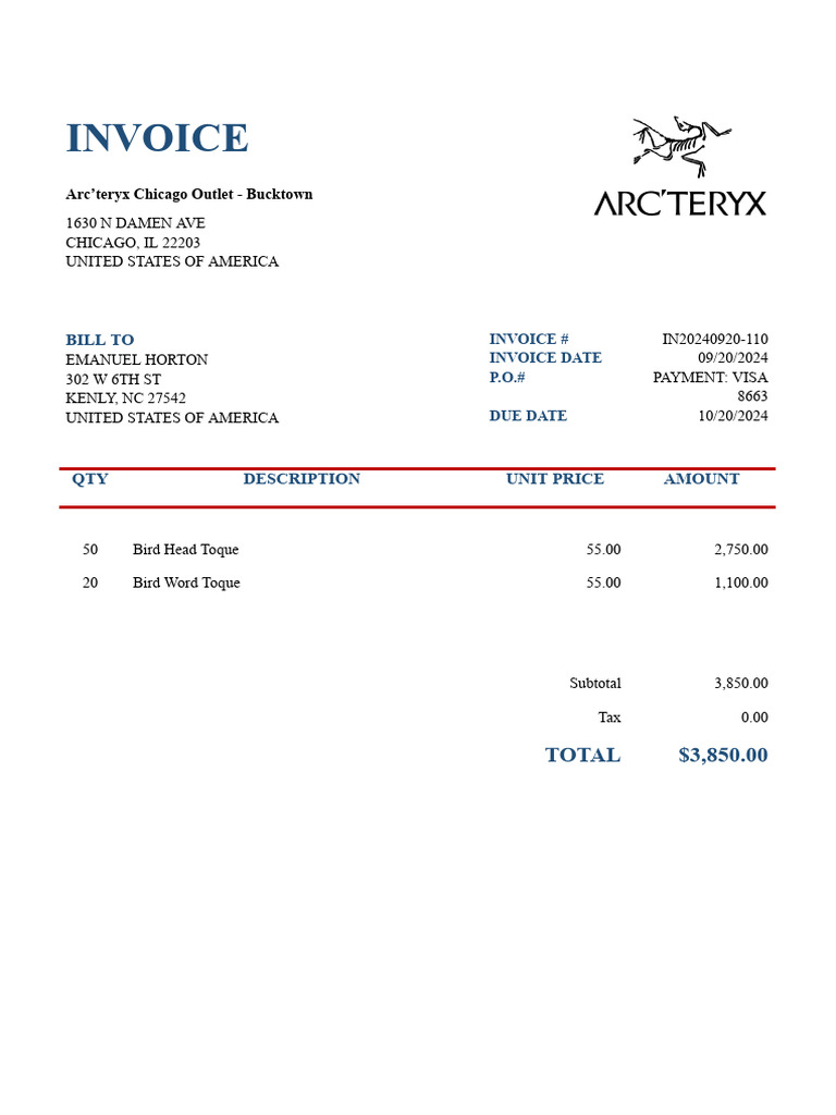 Arc'teryx Invoice for Emanuel Horton | PDF