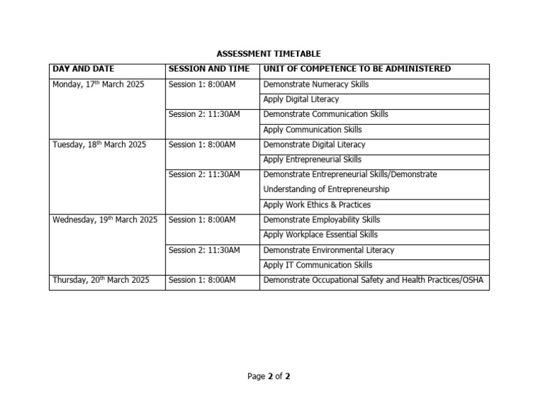 Week 1 March - April 2025 Basic Units Assessment Timetable | PDF