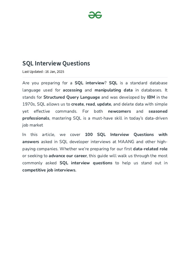 Top 100 SQL Interview Questions and Answers (2025) | PDF | Database ...