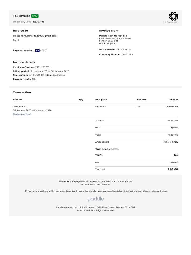 Paddle Chatbot App Invoice 2025 | PDF | Invoice | Taxes