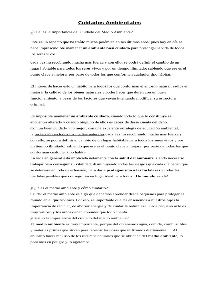 Importancia y Consejos para Cuidar el Medio Ambiente | PDF | Residuos ...