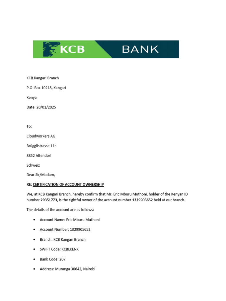 KCB Account Ownership Certification Letter | PDF