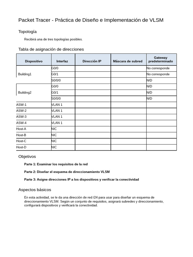 Práctica VLSM en Packet Tracer | PDF | Dirección IP | Protocolos de red