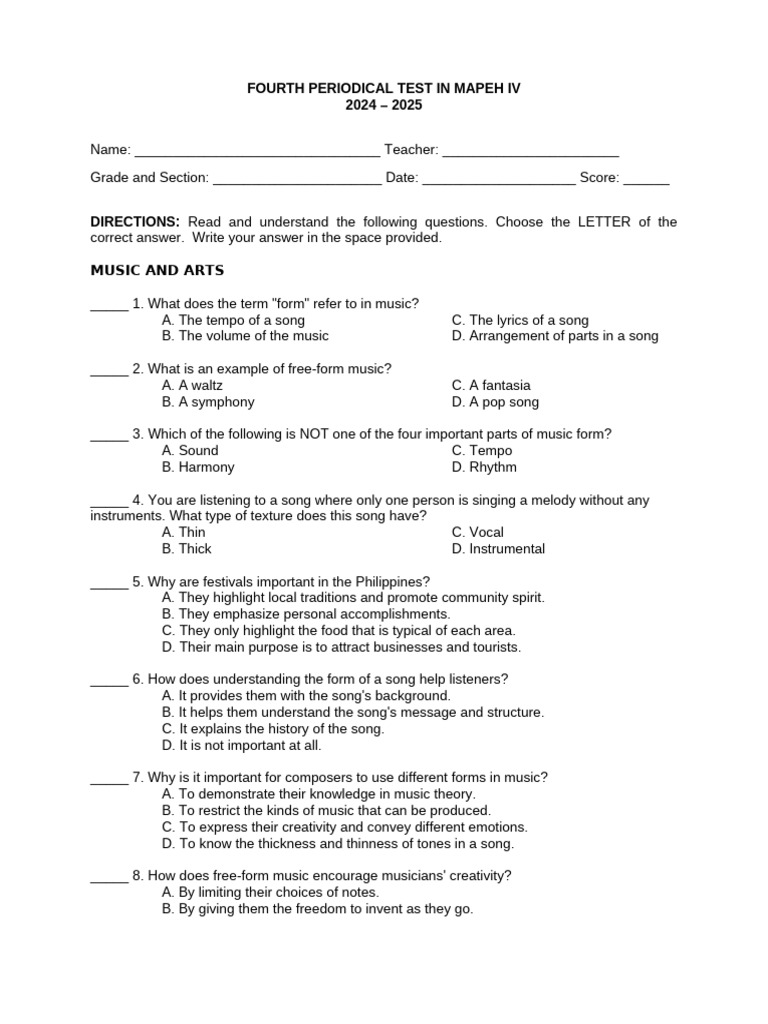 Fourth Periodical Test in Mapeh 4 Sy 24 25 | PDF | Dieting | Dances
