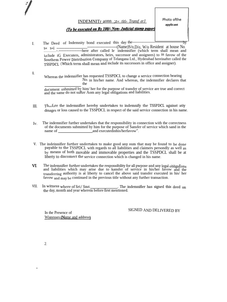 TSSPDCL Indemnity Bond for Title Transfer | PDF | Indemnity | Law And ...