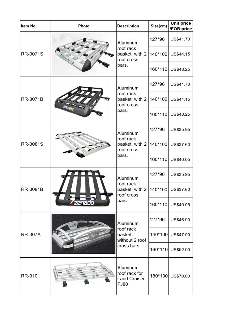 Aluminum Roof Rack Prices and Sizes | PDF