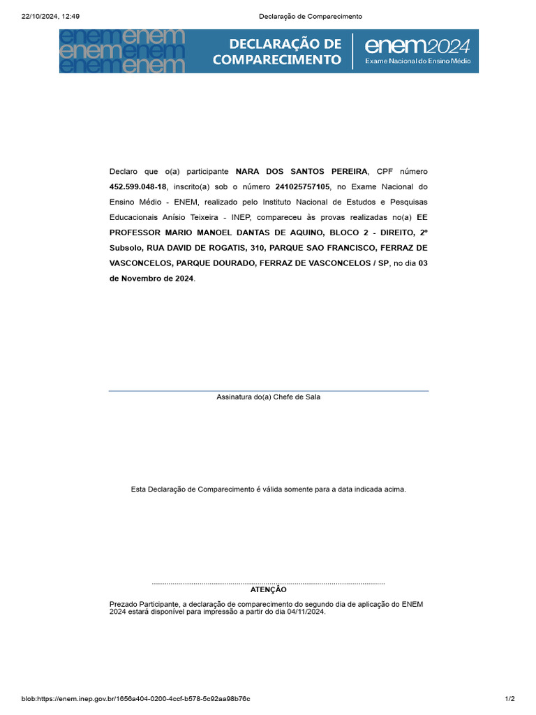 Declaração de Comparecimento ENEM 2024 | PDF