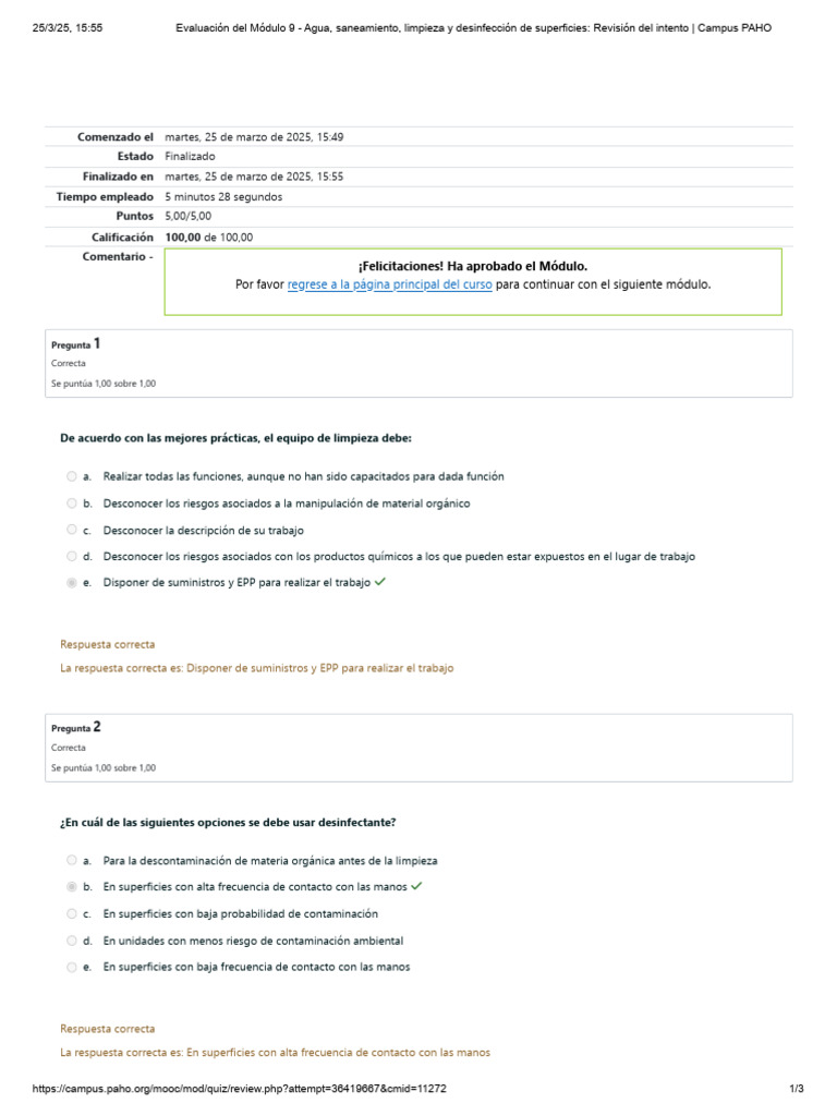 Evaluación del Módulo 9: Limpieza y Desinfección | PDF
