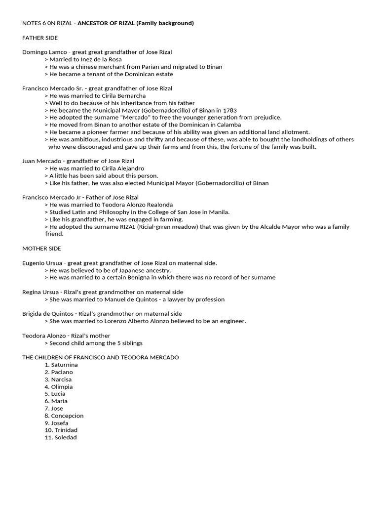 Rizal Family Background and Ancestry | PDF