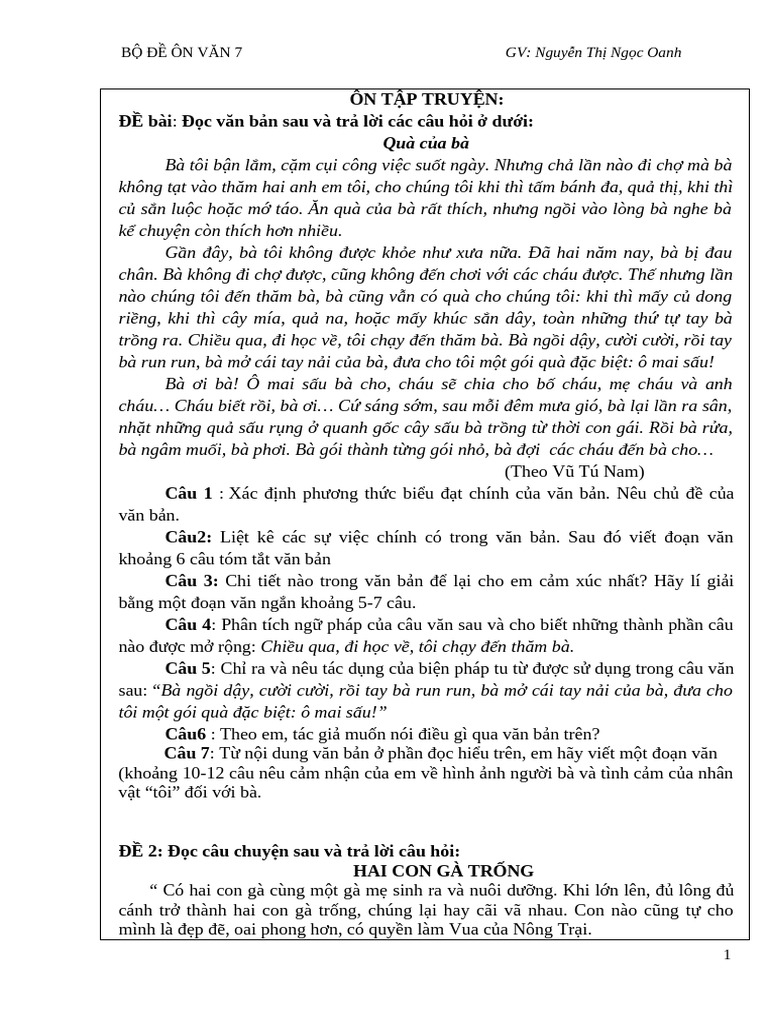 BỘ ĐỀ ĐỌC HIỂU VĂN 7- DÀNH CHO HS | PDF
